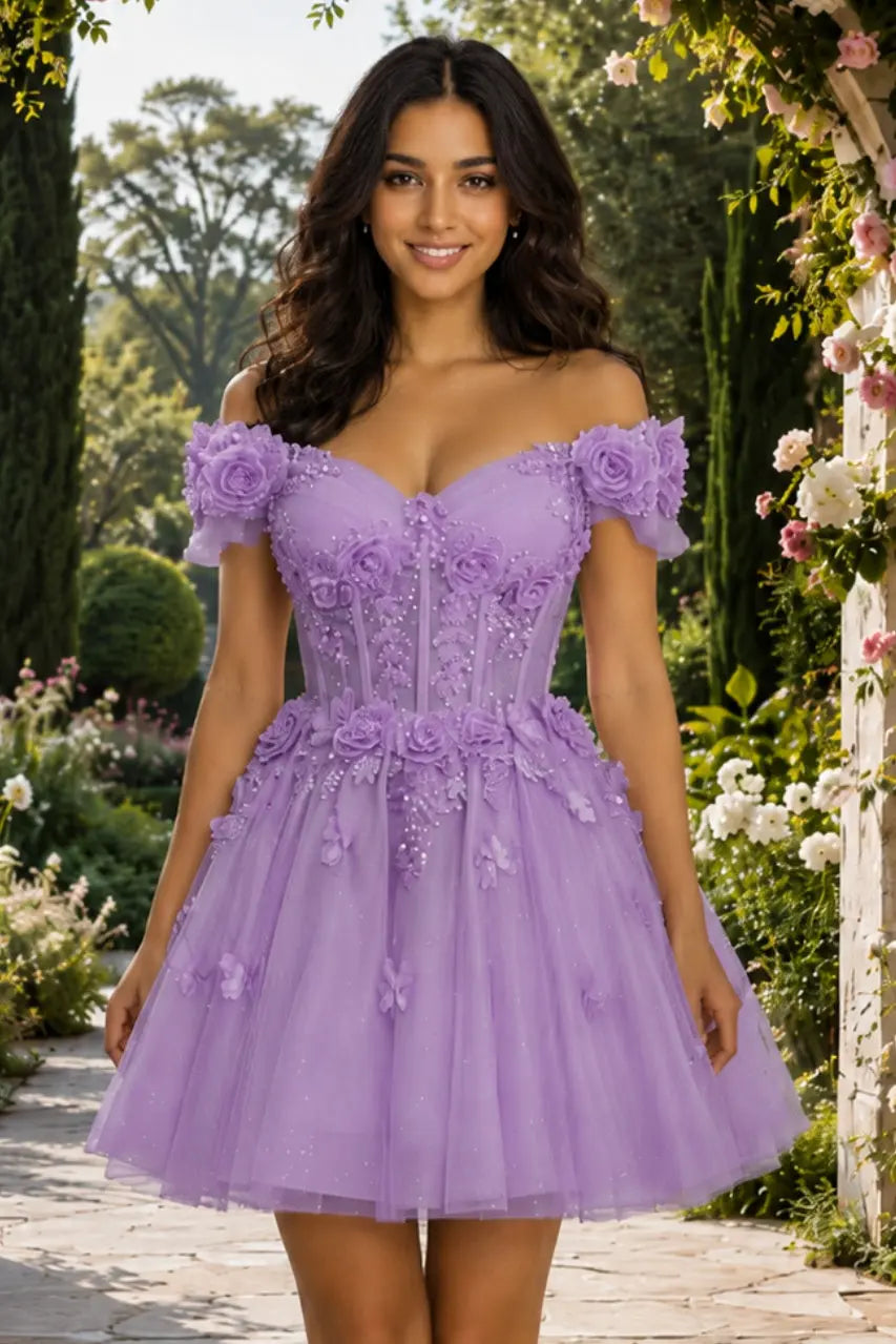 A-line Off-the-Shoulder Tulle Short/Mini Homecoming Dress with Appliqued Flowers Sequins KAIDRESS