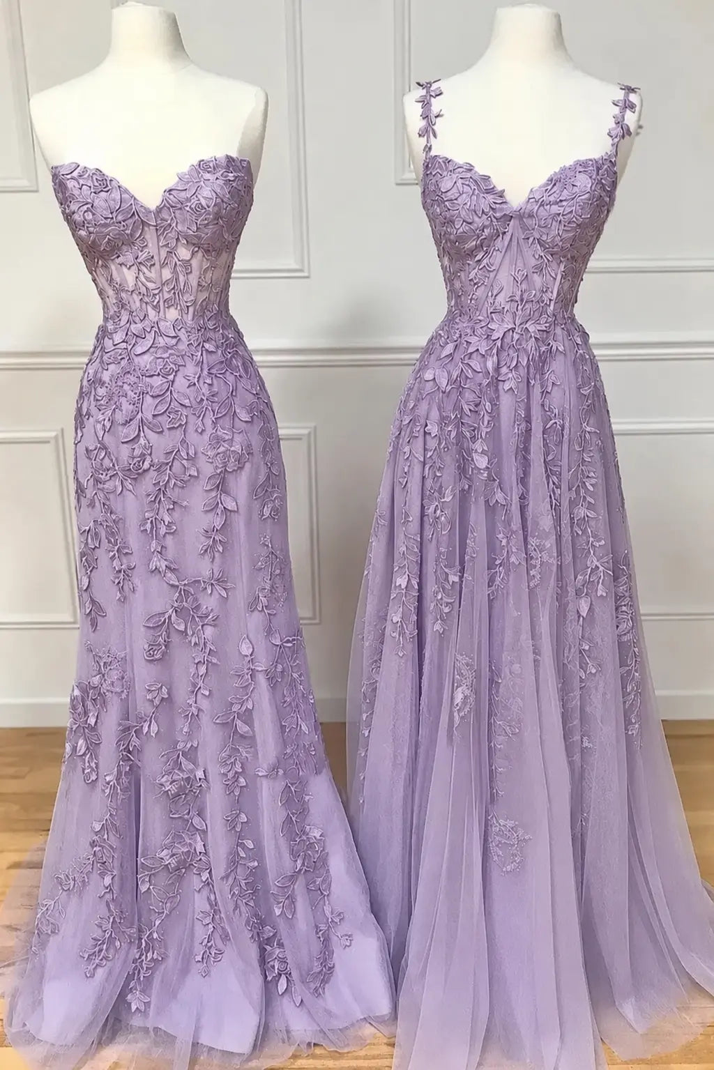 A-line Sweetheart Spaghetti Straps Sweep Train Lace Prom Dress With Beading Kaidress