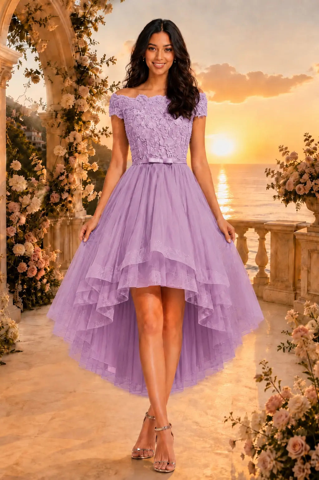 Burgundy Off the Shoulder A Line Strapless Lace Tulle Asymmetrical Dress KAIDRESS