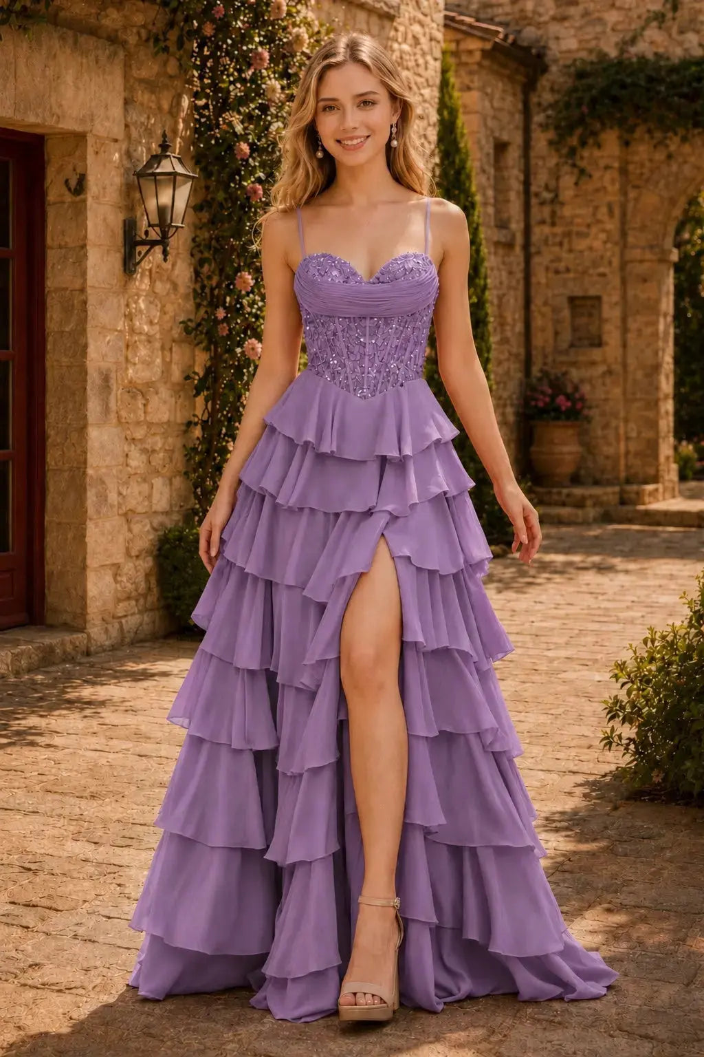 Spaghetti Straps Sweetheart Embellished Corset Chiffon Slit Ruffle Prom Dress with Detachable Straps