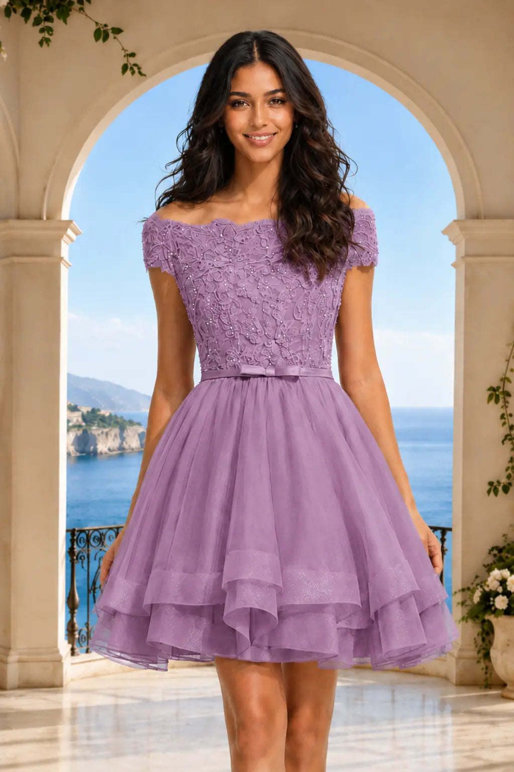 Burgundy Lace Off Shoulder A Line Short Homecoming Dress KAIDRESS