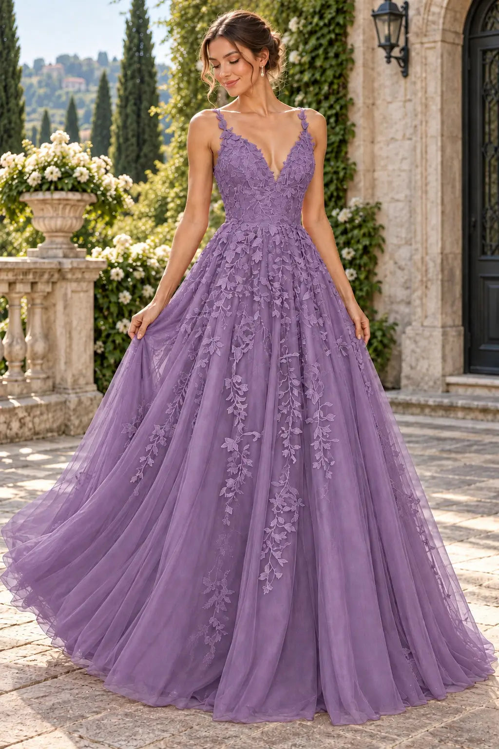 A-Line Lace Prom Dresses Long V Neck Sleeveless Formal Maxi Dress