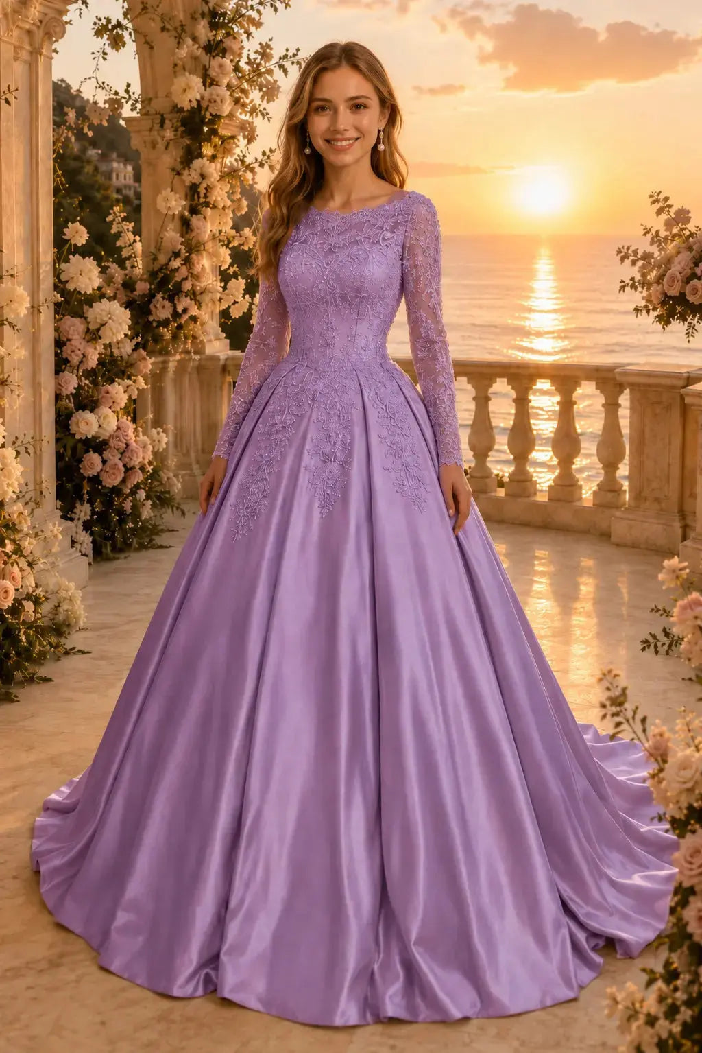 Ball Gown Long Sleeves Off-the-Shoulder Chapel Train Applique Satin Prom Dresses Kaidress