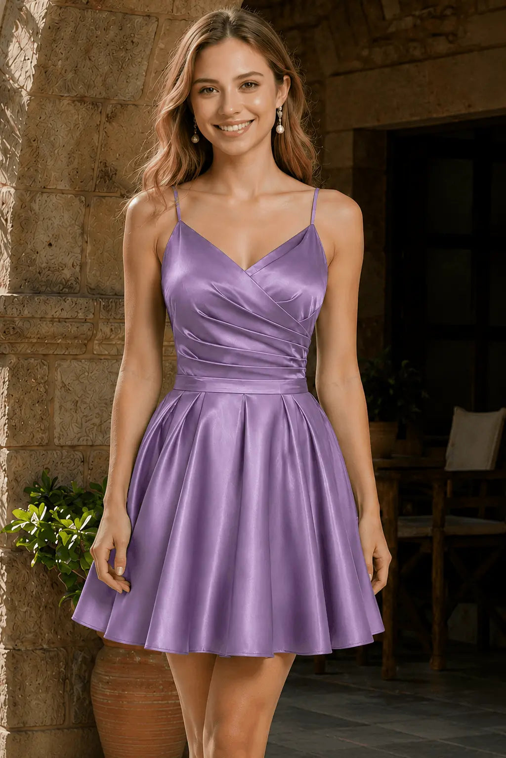 A-line V Neck Sleeveless Short/Mini Satin Homecoming Dress with Pleated Pockets