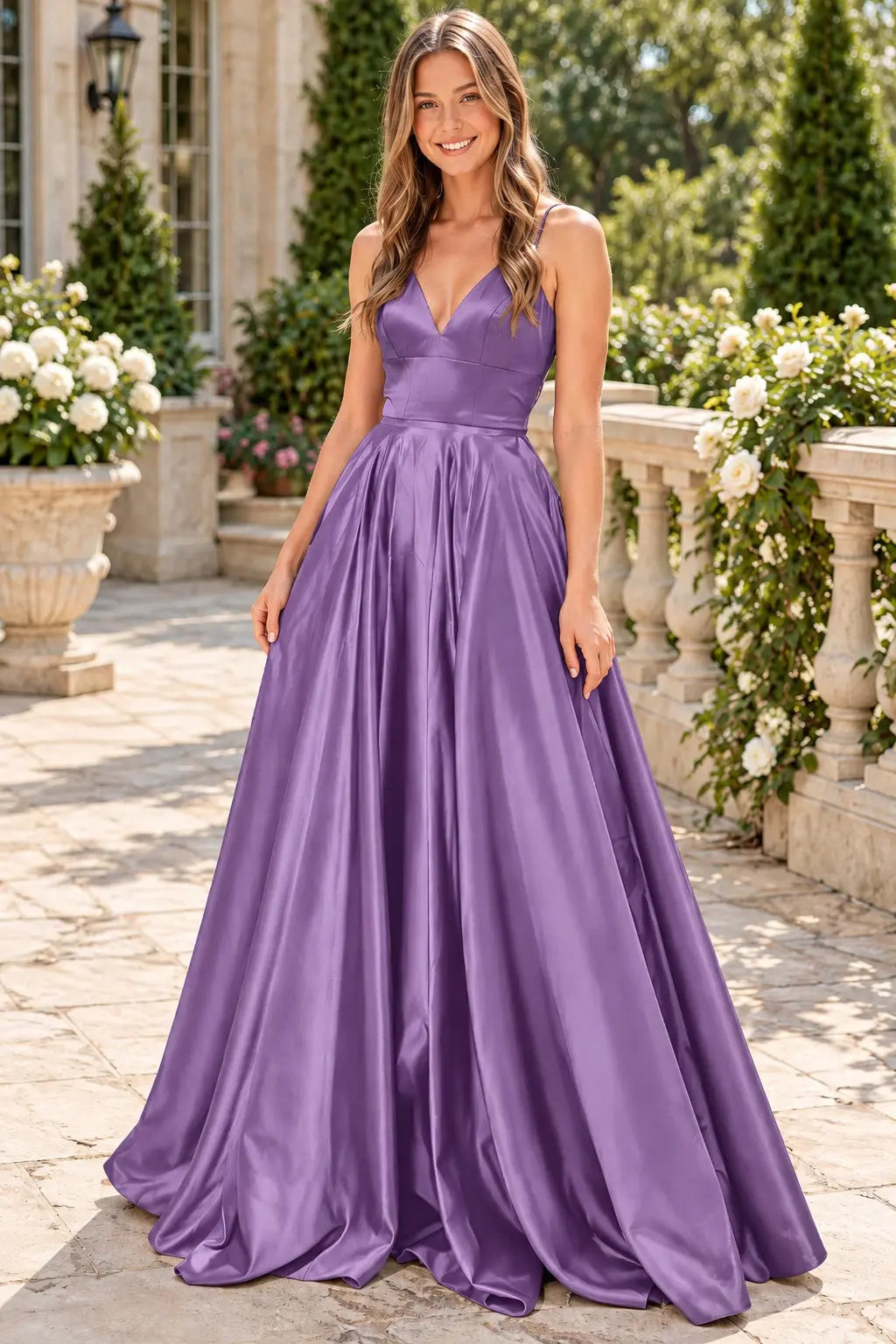 Satin Green Simple Prom Dresses Princess Long V Neck Formal Evening Gowns