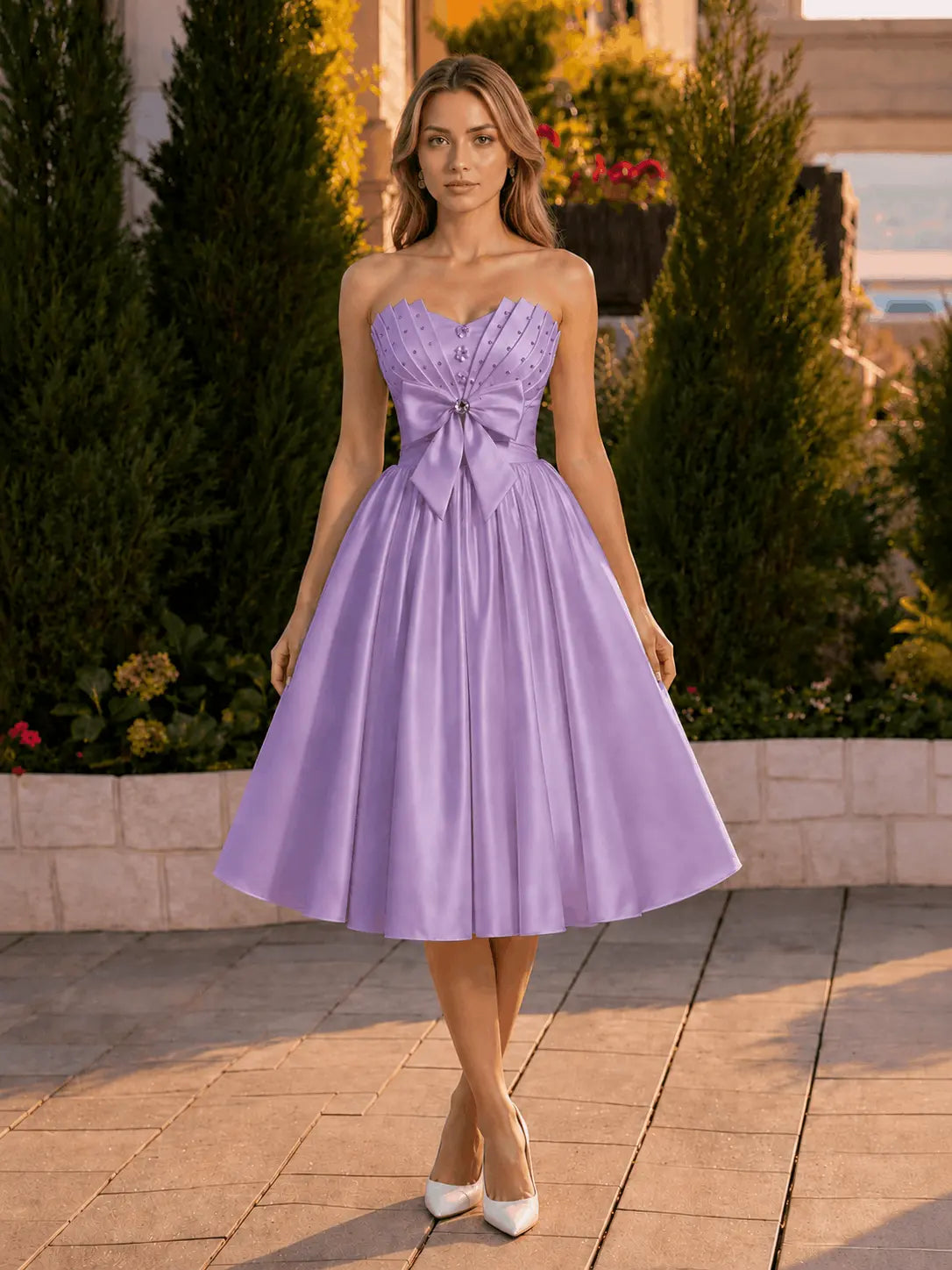 A-line Sweetheart Sleeveless Knee-Length Satin Homecoming Dress with Bow KAIDRESS