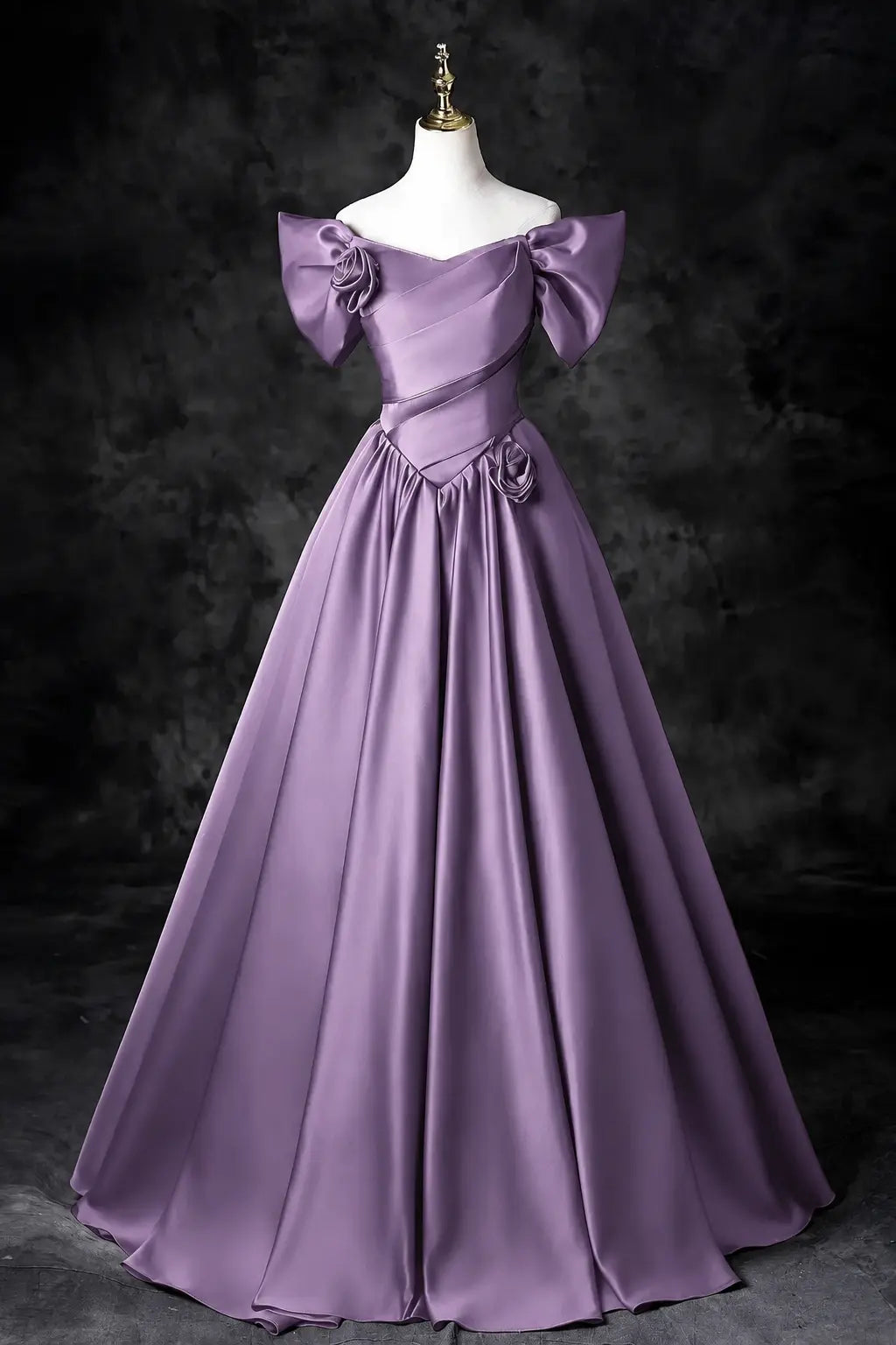 A-Line/Princess Satin Floor Length Formal Prom Dress, Off the Shoulder Prom Gown KAIDRESS