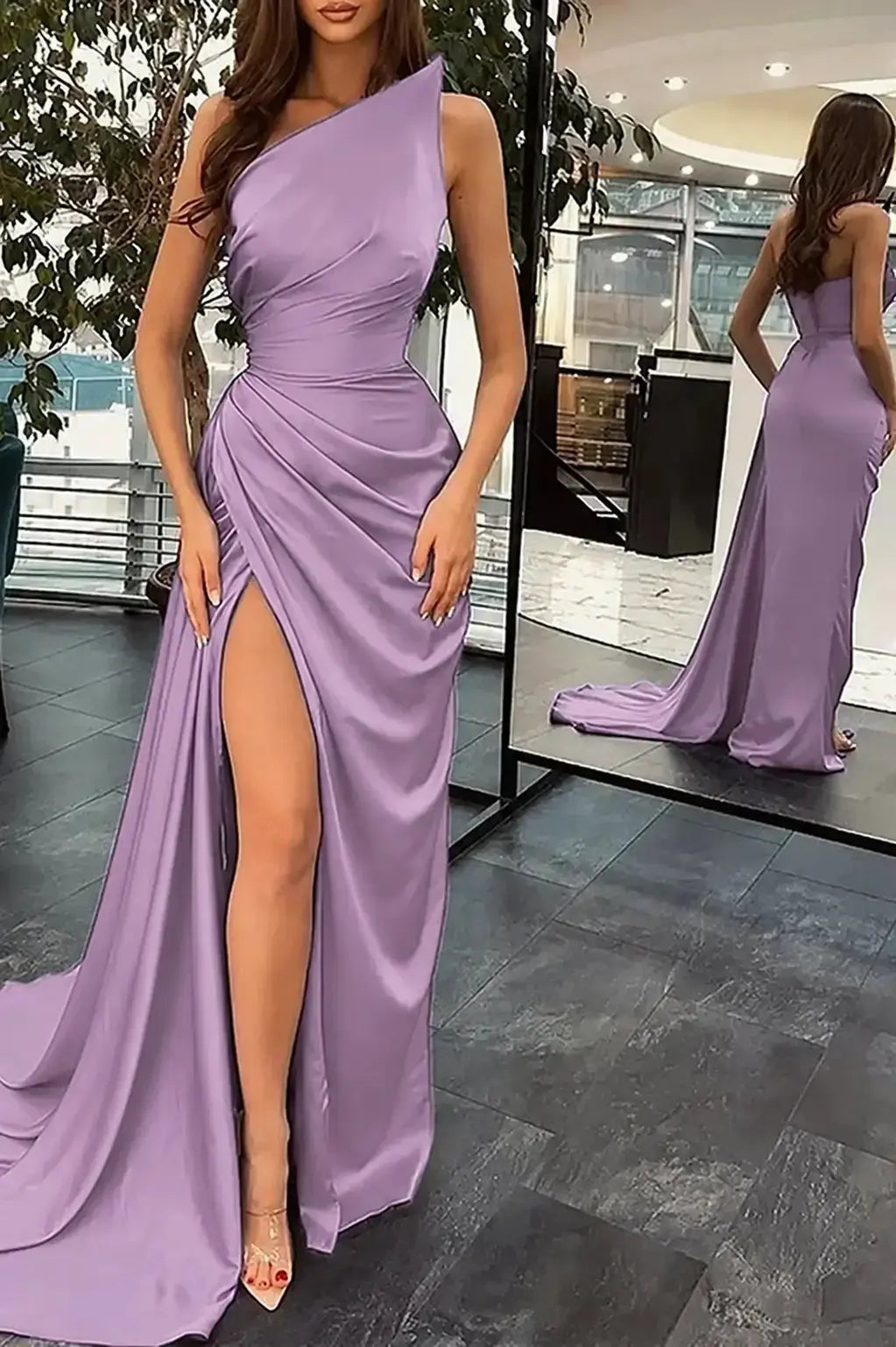 Trumpet/Mermaid Sleeveless Court Train Silk like Satin Prom Dresses with Ruffles Split KAIDRESS