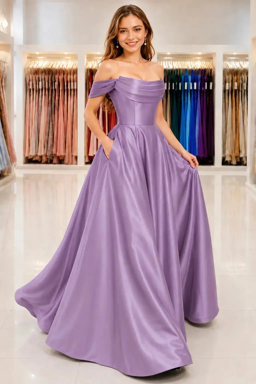 A-Line Satin Long Prom Dress, Simple Off the Shoulder Evening Party Dress With Pockets KAIDRESS