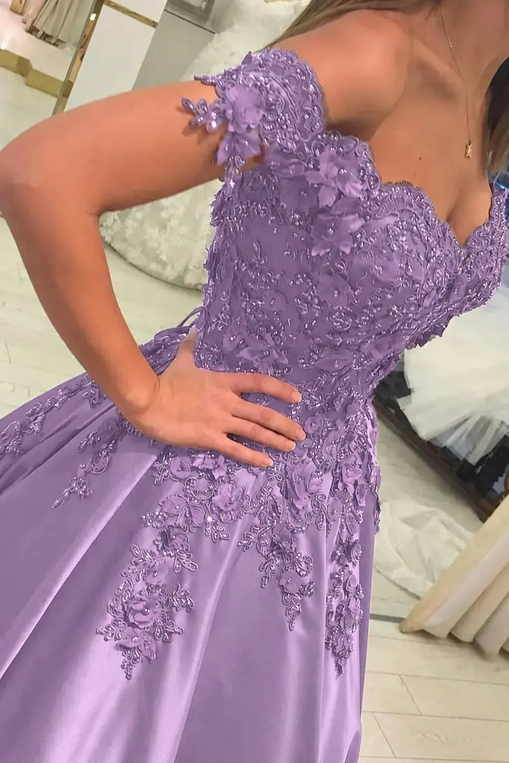 Appliqued Off-The-Shoulder Satin Princess Prom Dress With Beads