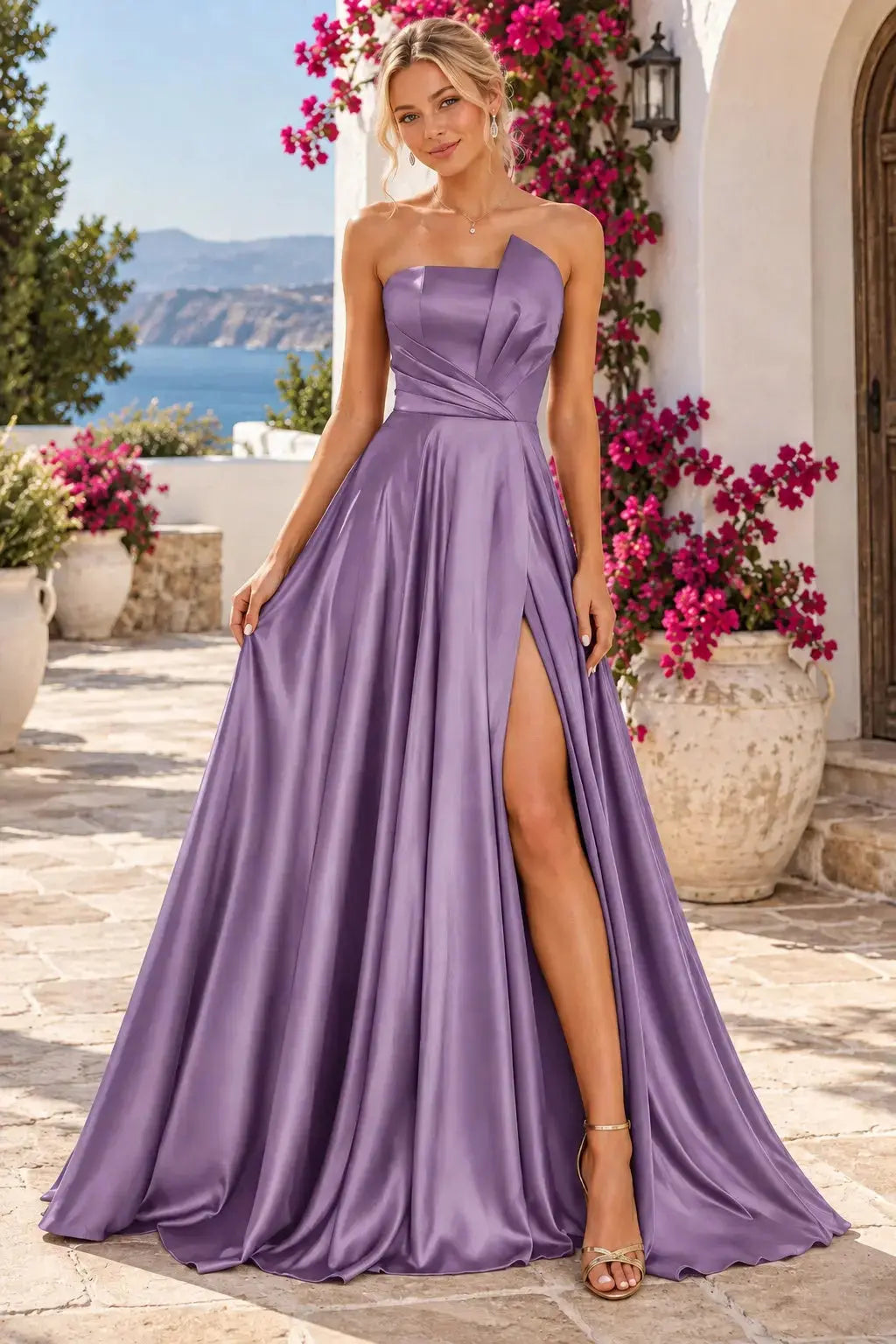 A-line Satin Formal Long Simple Sleeveless Prom Dresses with Slit KAIDRESS