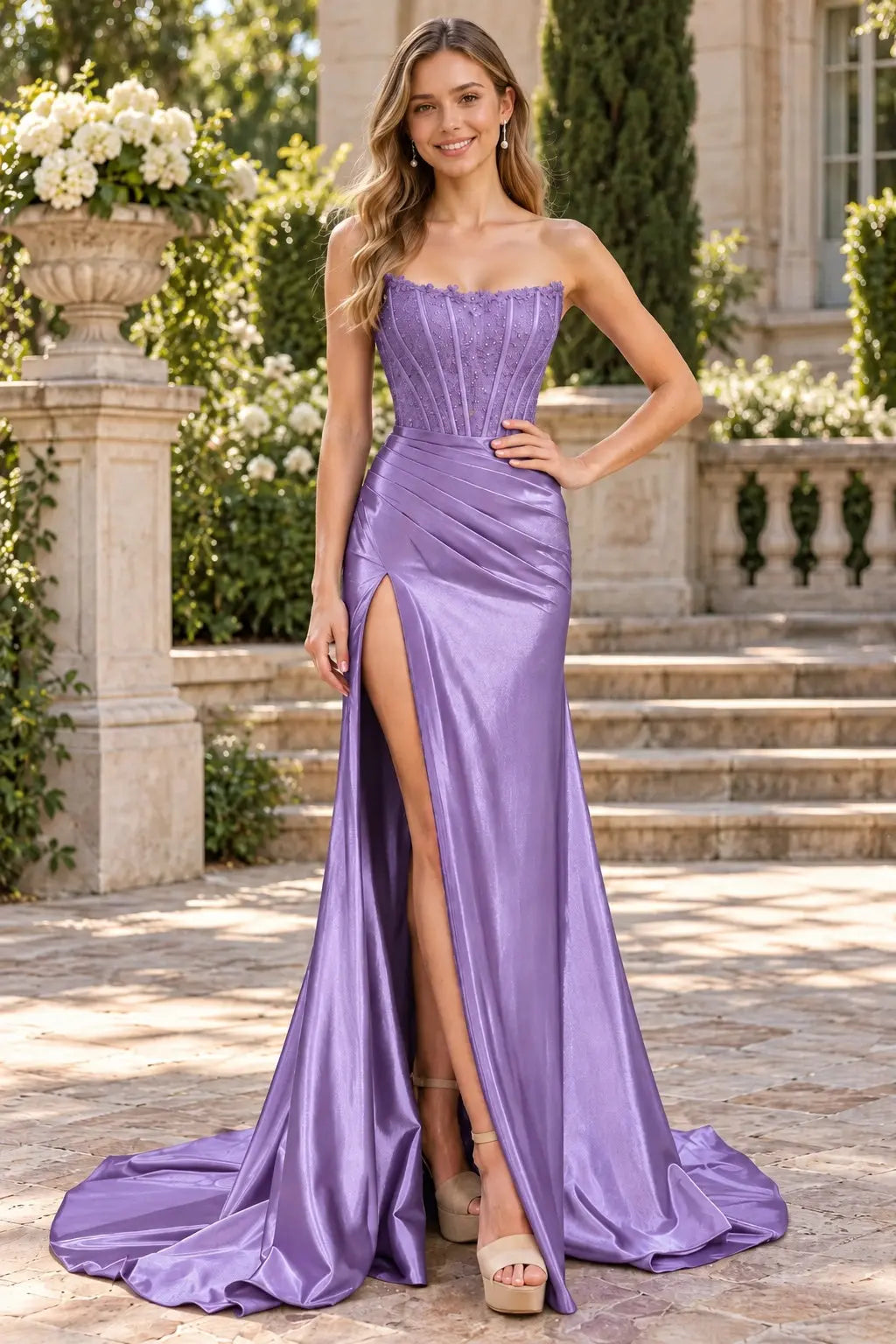 Royal Blue Satin Strapless Lace Corset Prom Dress with Thigh-High Slit