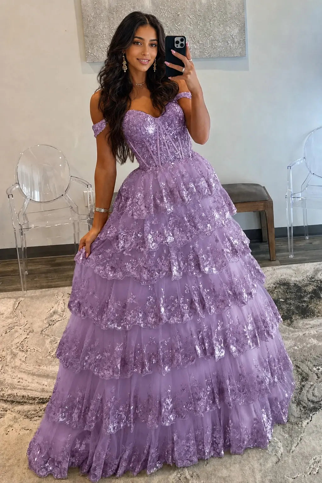 A-Line/Princess Princess Off the Shoulder Sequined Lace Prom Dress KAIDRESS