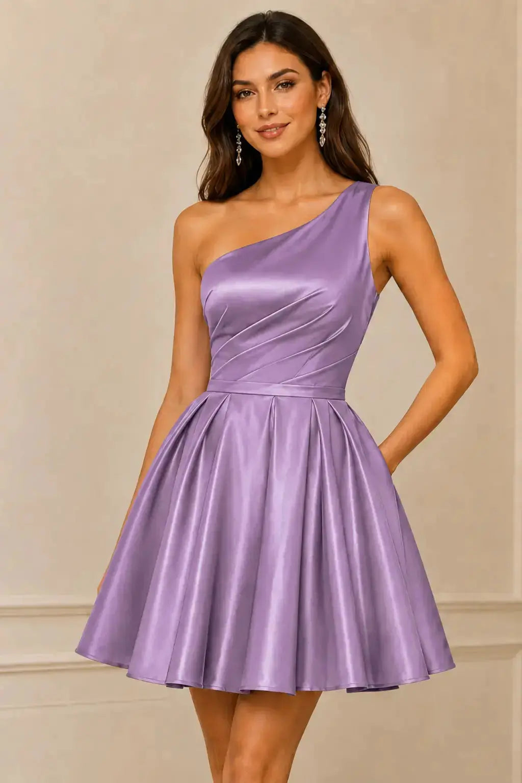 Green One Shoulder Satin Mini A Line Homecoming Dress With Pockets KAIDRESS