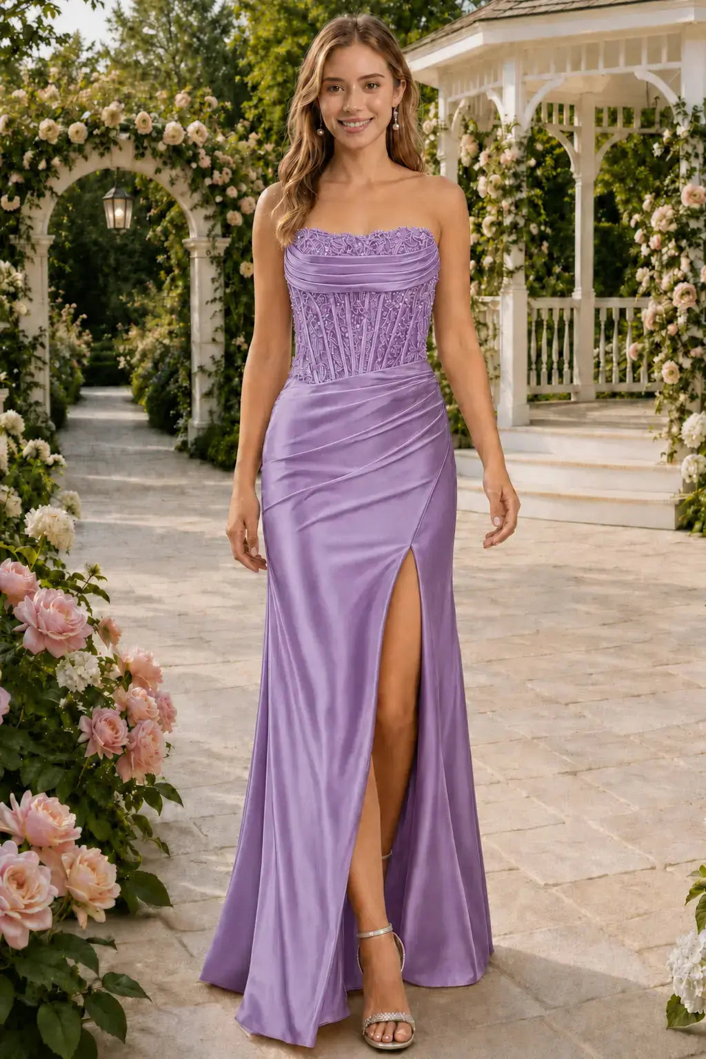 Sheath/Column Beaded Strapless Applique Formal Dress with Slit KAIDRESS