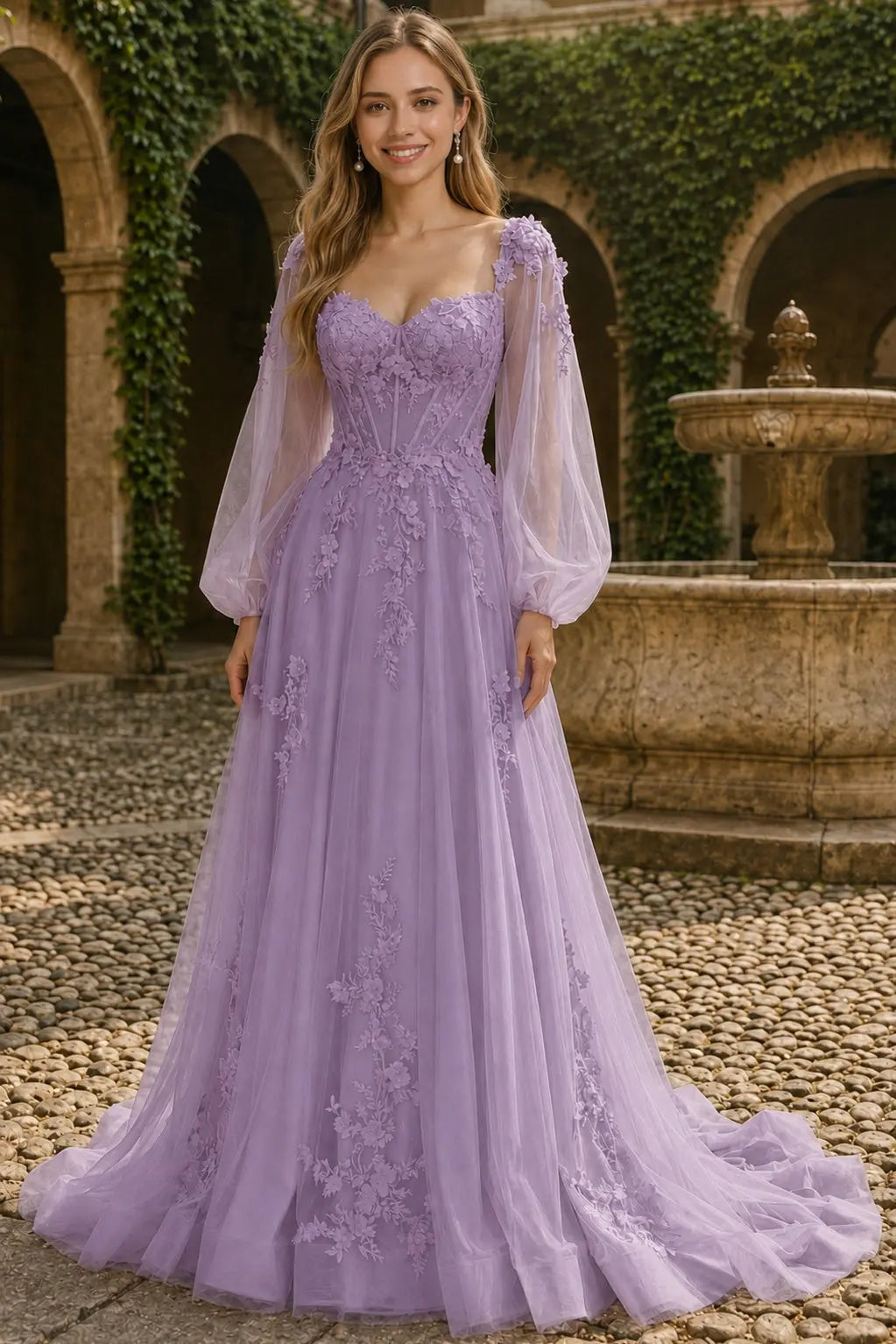 A-line 3D Floral Lace Applique Tulle Long Sleeves Prom Dress