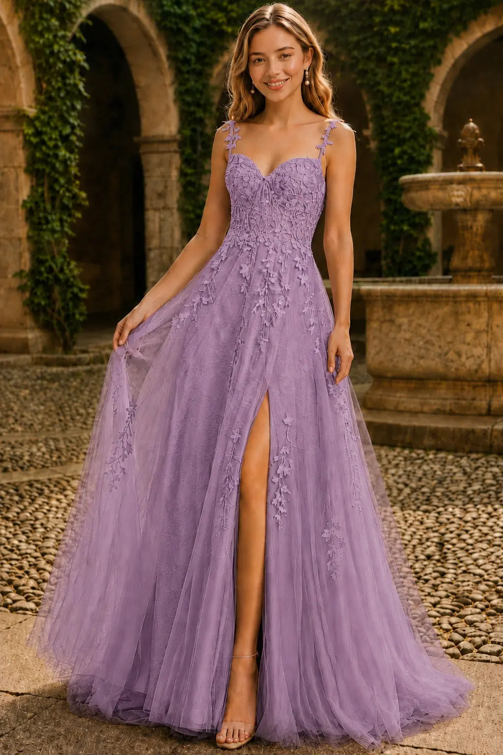 A-line V Neck Sweep Spaghetti Straps Train Tulle Prom Dress with Appliqued Beading