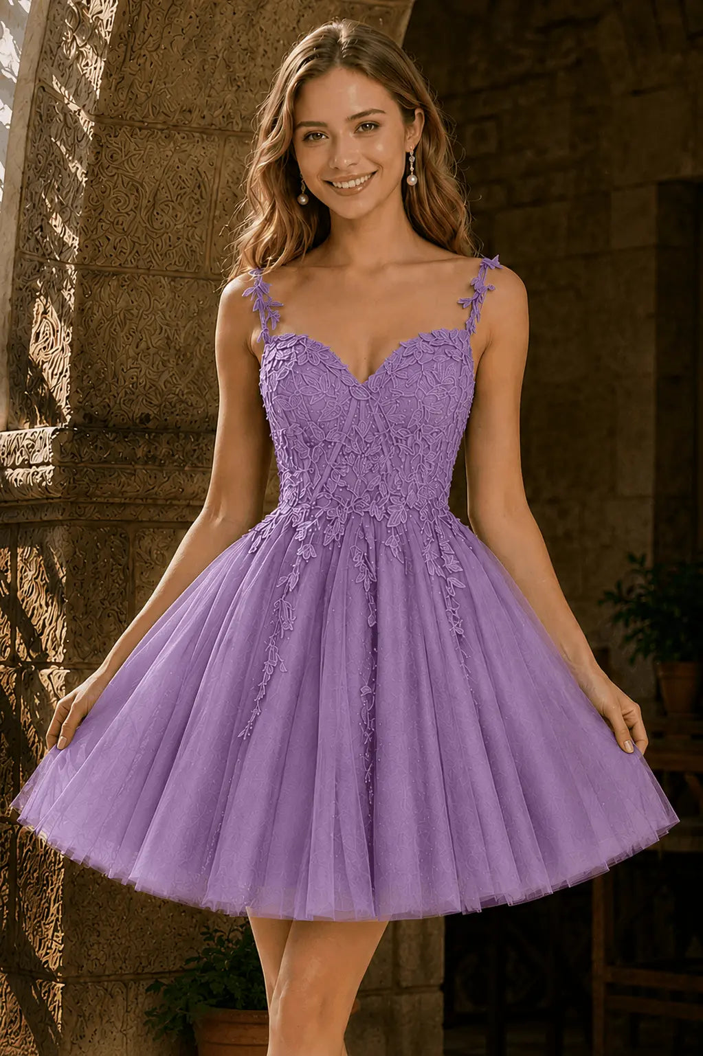 A-line V Neck Short/Mini Tulle Lace Homecoming Dress