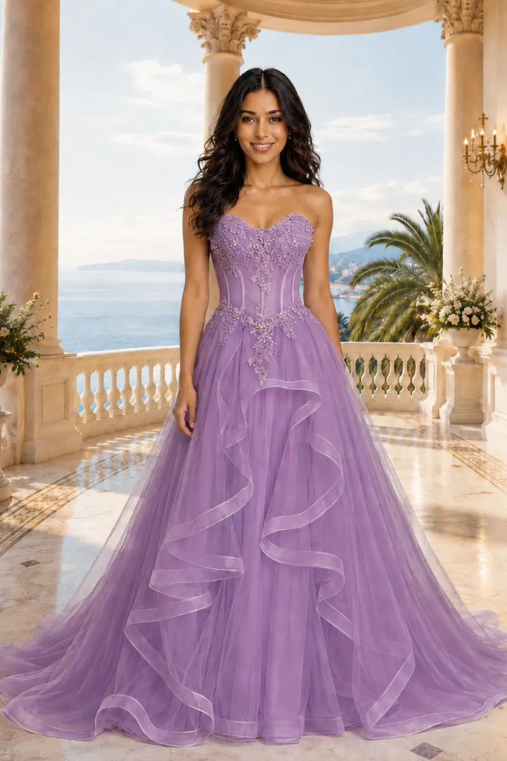 A-line/Princess Sweetheart Sleeveless Sweep Train Tulle Prom Dresses With Beading Appliqued KAIDRESS