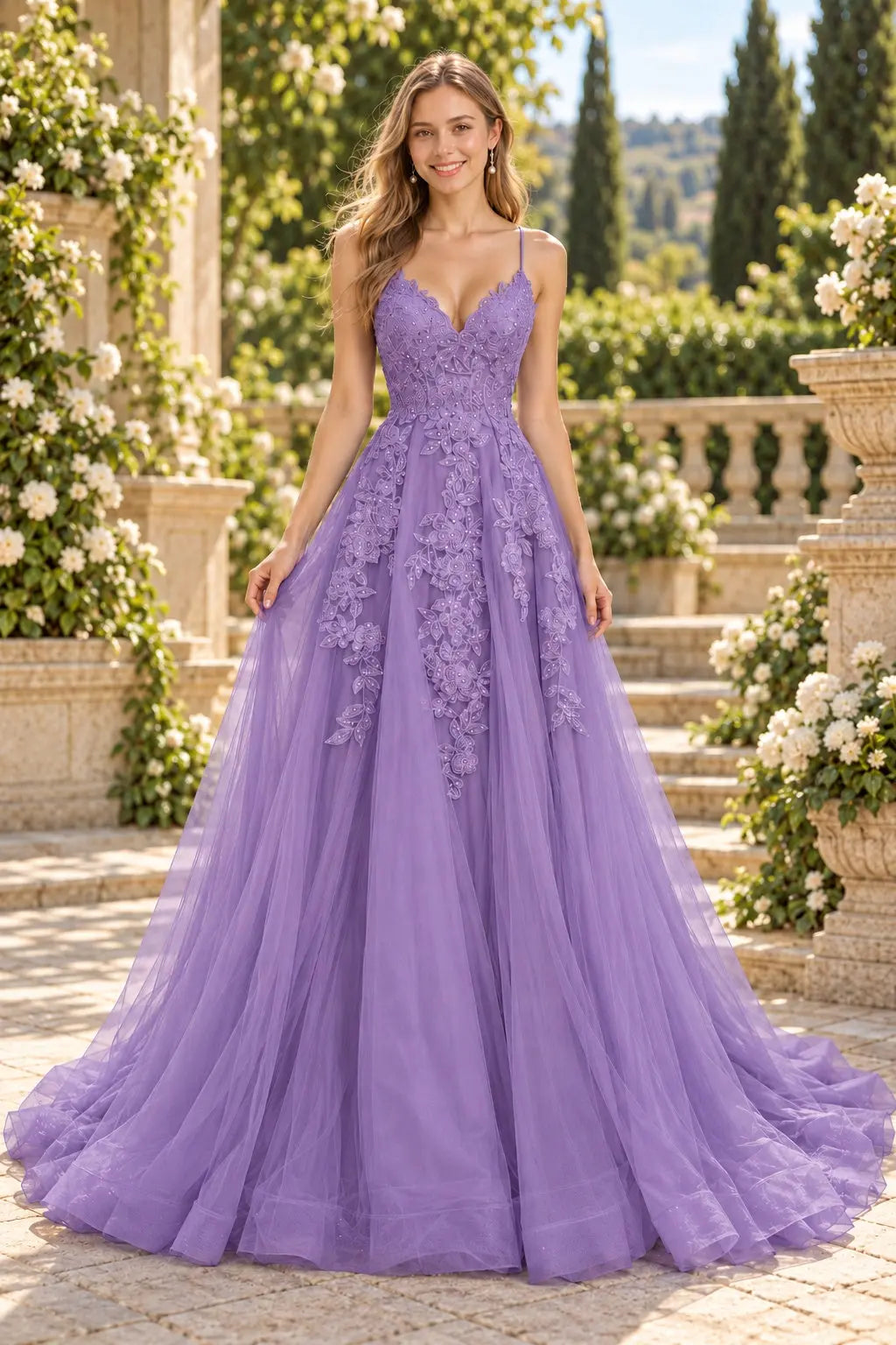 A-line V Neck Spaghetti Straps Sweep Train Tulle Prom Dress With Appliqued