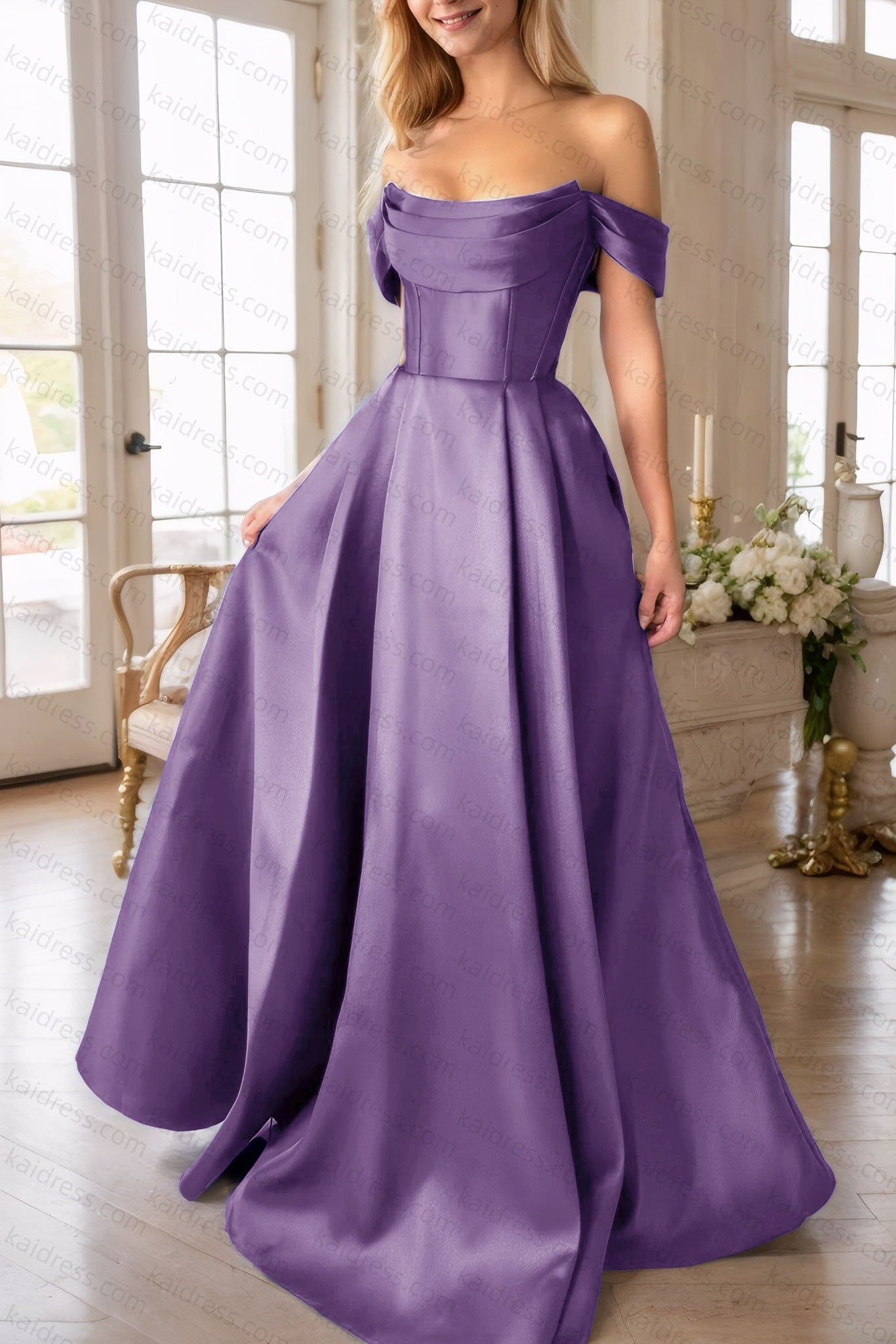 A-Line Satin Long Prom Dress, Simple Off the Shoulder Evening Party Dress With Pockets