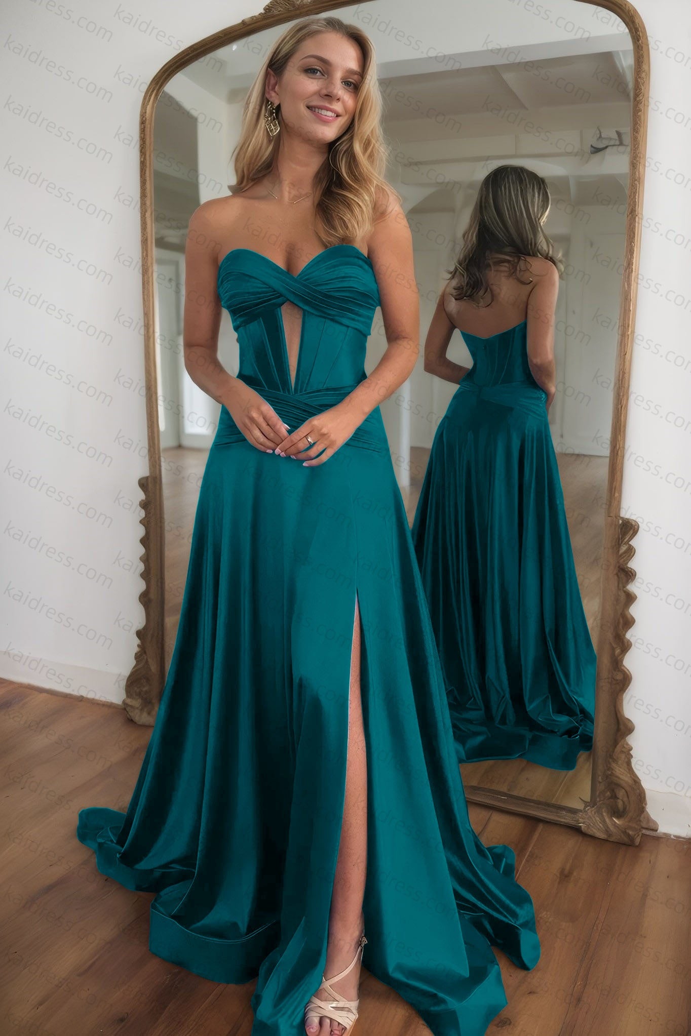 A-line Strapless Silk Long Blue Prom Dresses Elegant Evening Dress