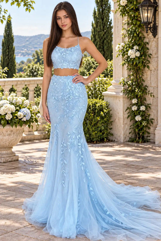 Trumpet/Mermaid Lace Two Piece Blue Prom Dresses Lace Sleeveless Evening Gowns