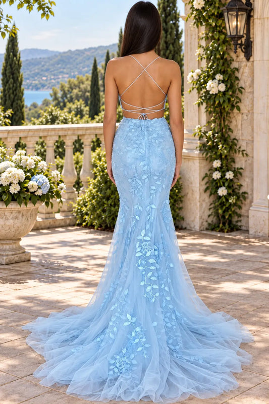 Trumpet/Mermaid Lace Two Piece Blue Prom Dresses Lace Sleeveless Evening Gowns