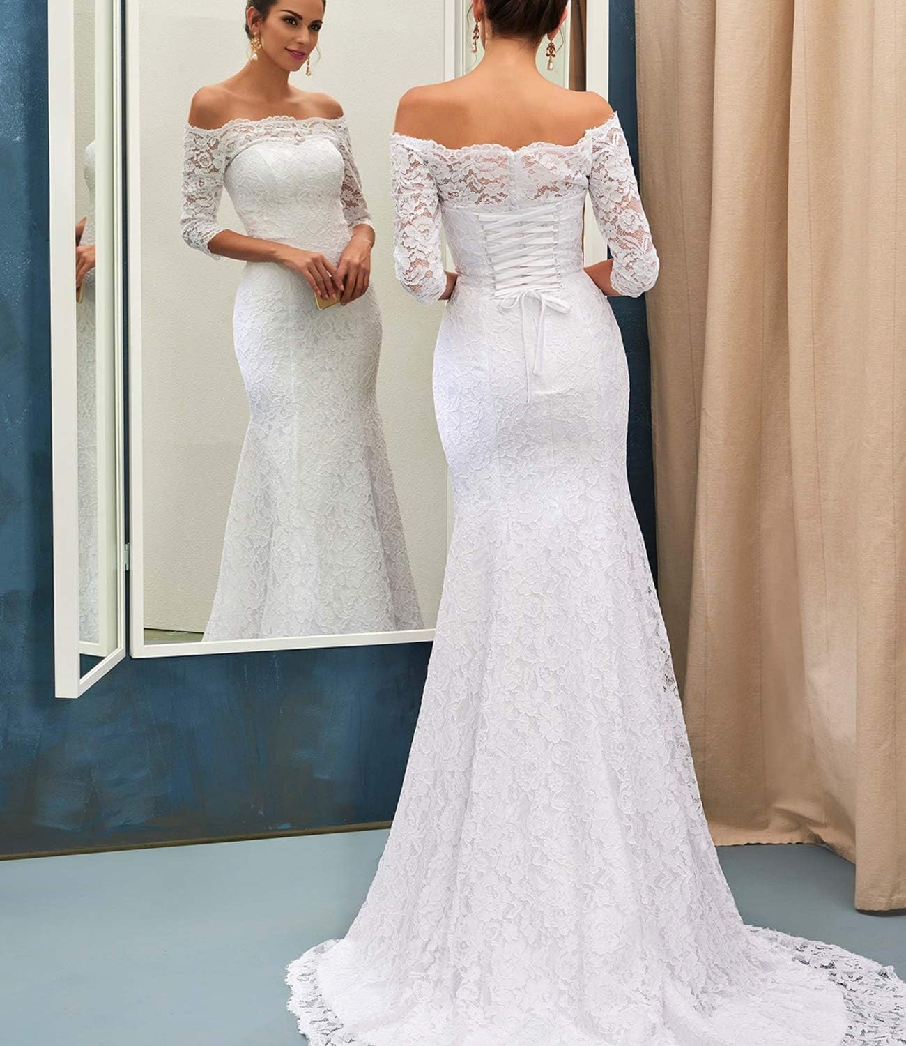 Trumpet/Mermaid Off-the-Shoulder 1/2 Sleeves Lace Court Train Wedding Dresses
