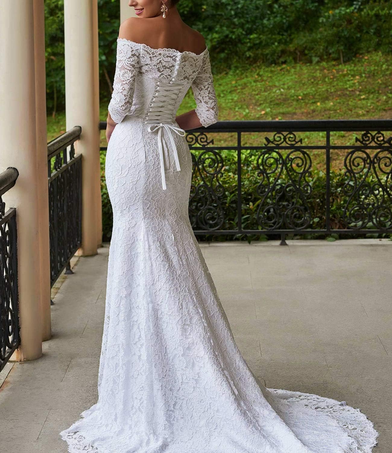 Trumpet/Mermaid Off-the-Shoulder 1/2 Sleeves Lace Court Train Wedding Dresses