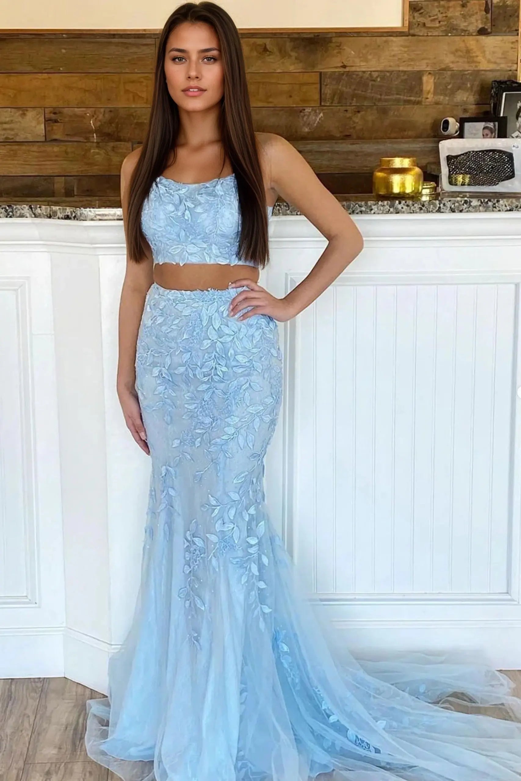 Trumpet/Mermaid Lace Two Piece Blue Prom Dresses Lace Sleeveless Evening Gowns