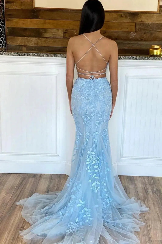 Trumpet/Mermaid Lace Two Piece Blue Prom Dresses Lace Sleeveless Evening Gowns