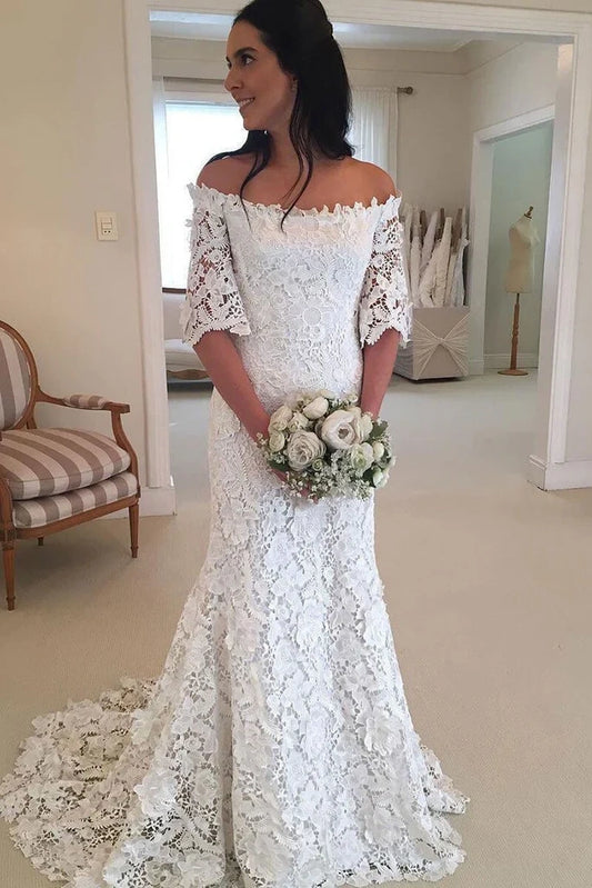 Trumpet/Mermaid Strapless 3/4 Sleeve Sweep Train Lace Wedding Dresses