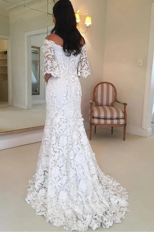 Trumpet/Mermaid Strapless 3/4 Sleeve Sweep Train Lace Wedding Dresses - KAIDRESS