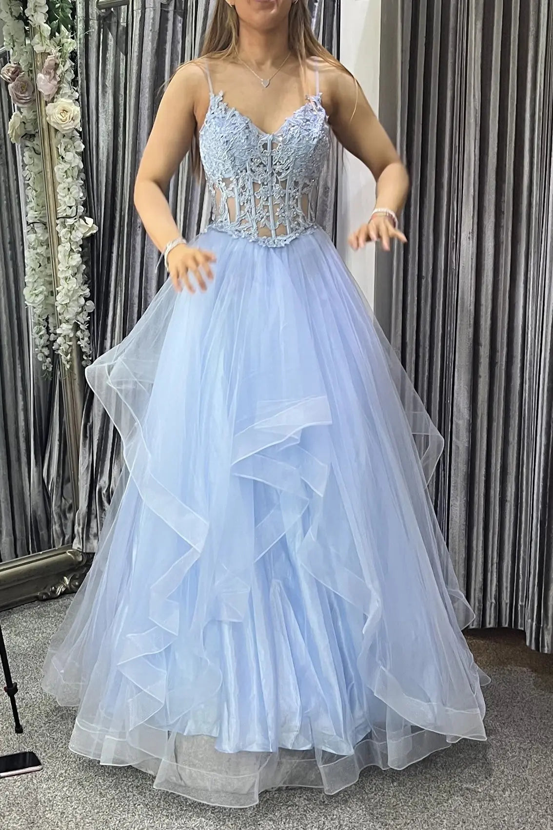 Tulle Blue Formal Prom Dress Halter Princess Long Modest Evening Gowns