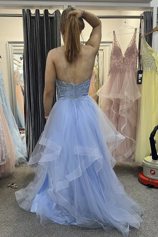Tulle Blue Formal Prom Dress Halter Princess Long Modest Evening Gowns