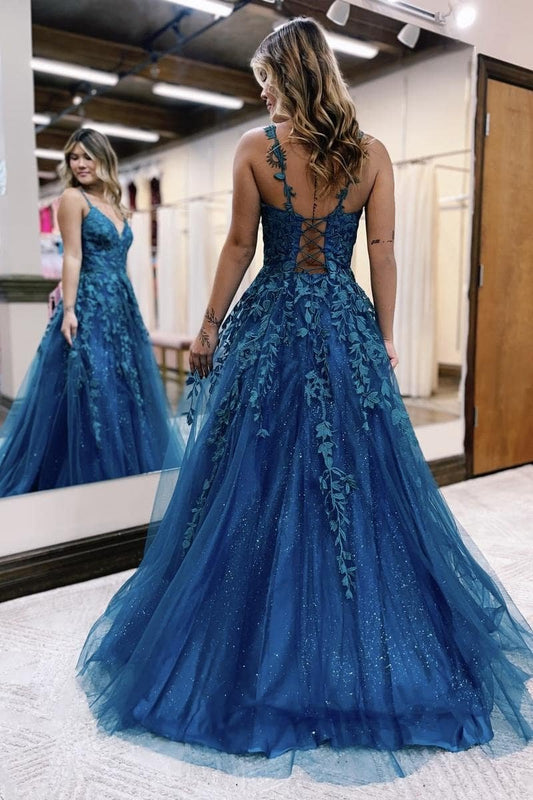 Tulle Blue Halter Lace Prom Dresses Formal Long Princess Evening Gowns