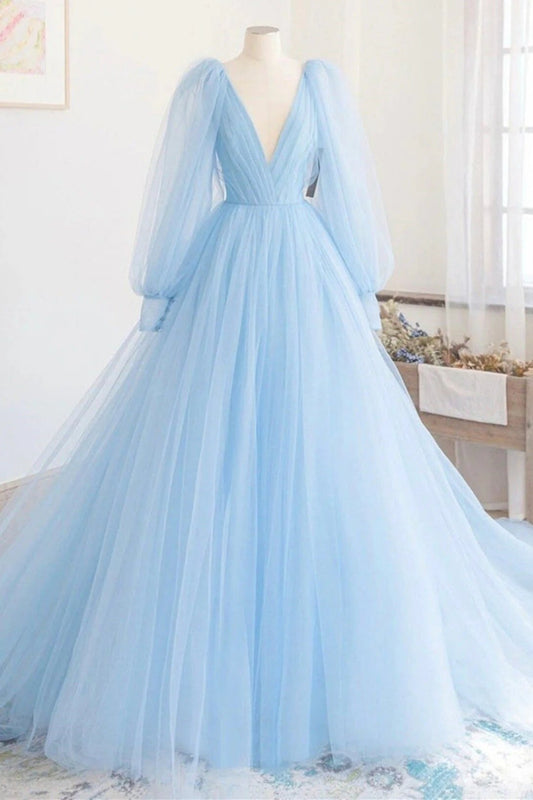 Tulle Blue Long Sleeve Prom Dresses Princess V-neck Long Evening Gowns