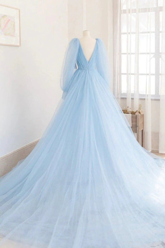 Tulle Blue Long Sleeve Prom Dresses Princess V-neck Long Evening Gowns