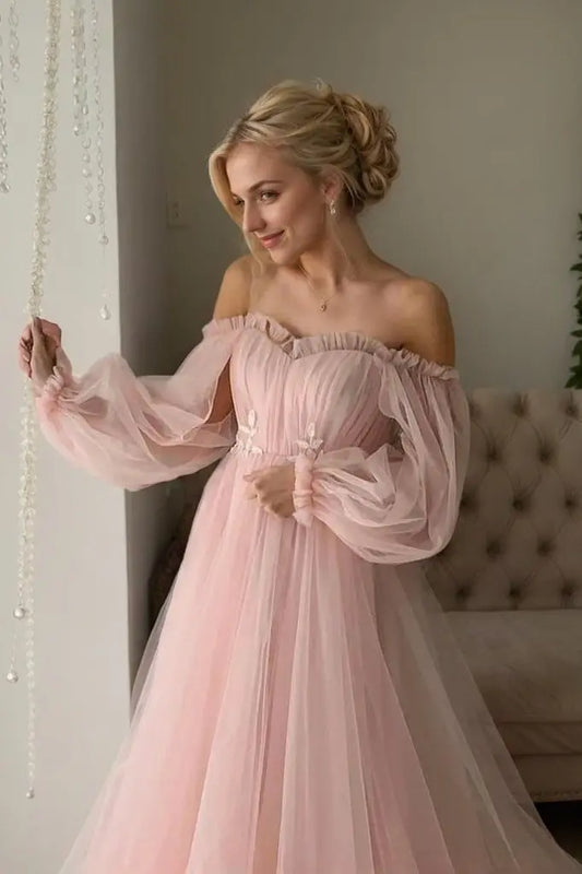 Tulle Blue Long Sleeves Prom Dress Formal Long Princess Evening Gowns