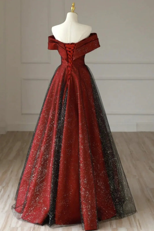 Tulle Burgundy Formal Prom Dress Sparkly Strapless Long Evening Gowns