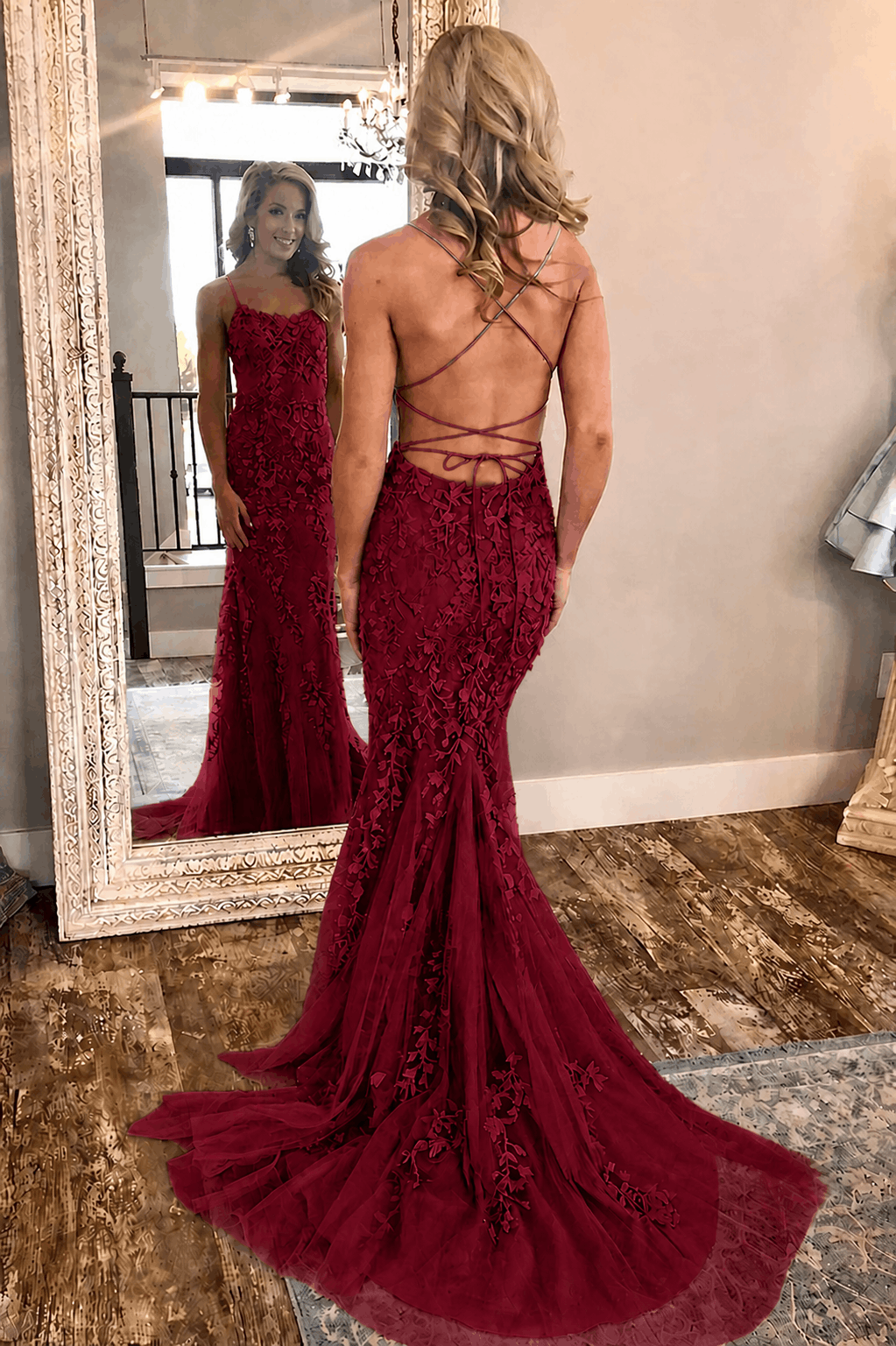 Sheath/Column Tulle Applique Prom Dresses Spaghetti Straps Sleeveless Long Formal Evening Gowns Kaidress