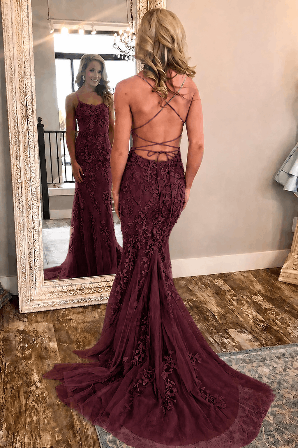 Sheath/Column Tulle Applique Prom Dresses Spaghetti Straps Sleeveless Long Formal Evening Gowns Kaidress
