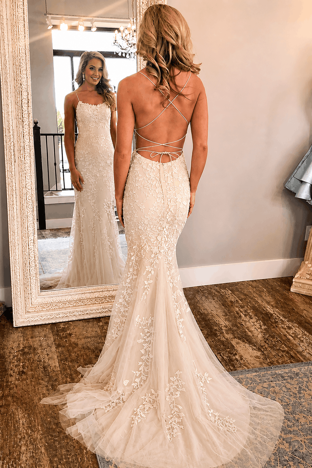 Sheath/Column Tulle Applique Prom Dresses Spaghetti Straps Sleeveless Long Formal Evening Gowns Kaidress