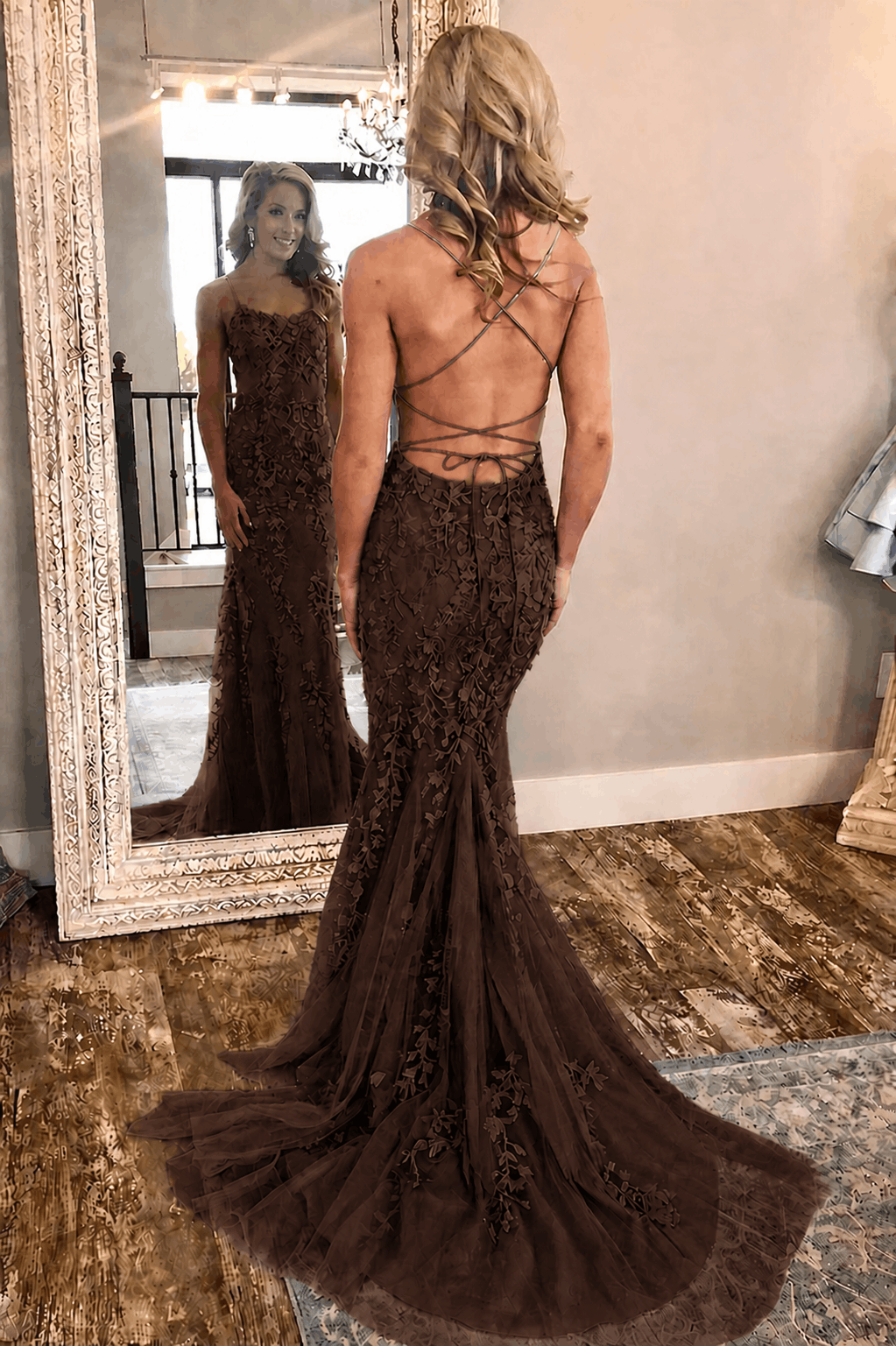 Sheath/Column Tulle Applique Prom Dresses Spaghetti Straps Sleeveless Long Formal Evening Gowns Kaidress