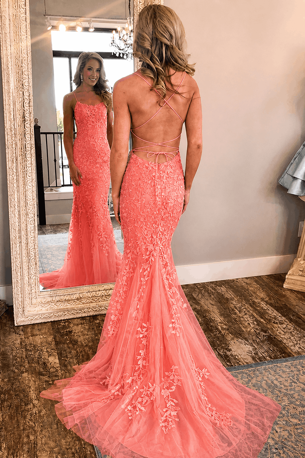 Sheath/Column Tulle Applique Prom Dresses Spaghetti Straps Sleeveless Long Formal Evening Gowns Kaidress