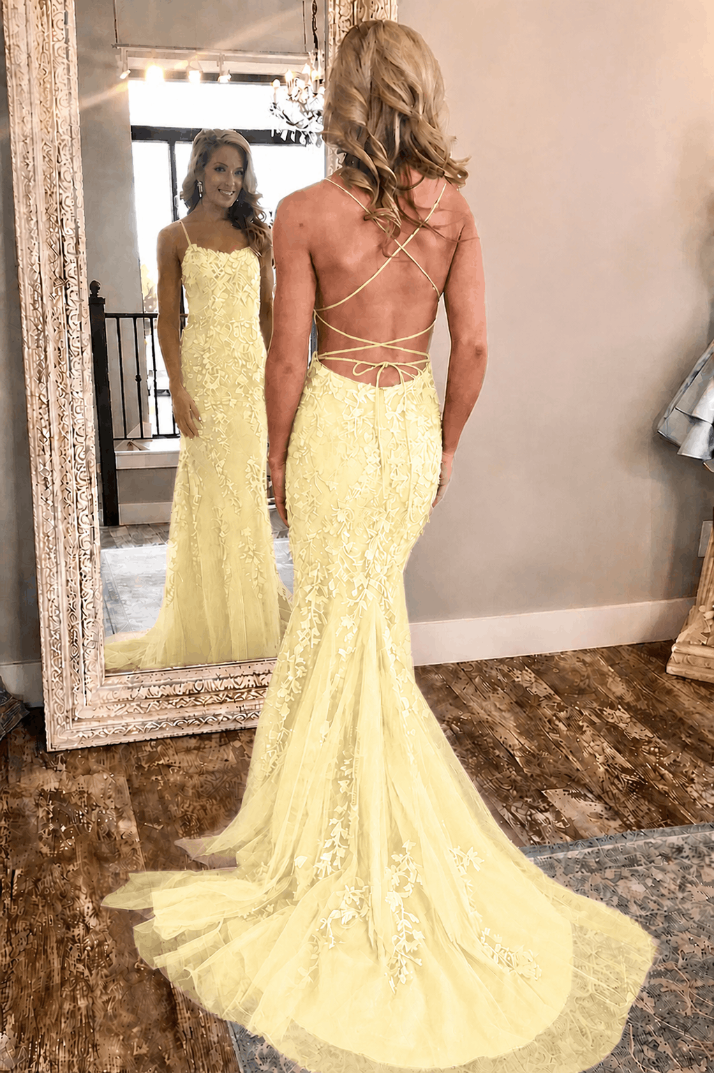 Sheath/Column Tulle Applique Prom Dresses Spaghetti Straps Sleeveless Long Formal Evening Gowns Kaidress