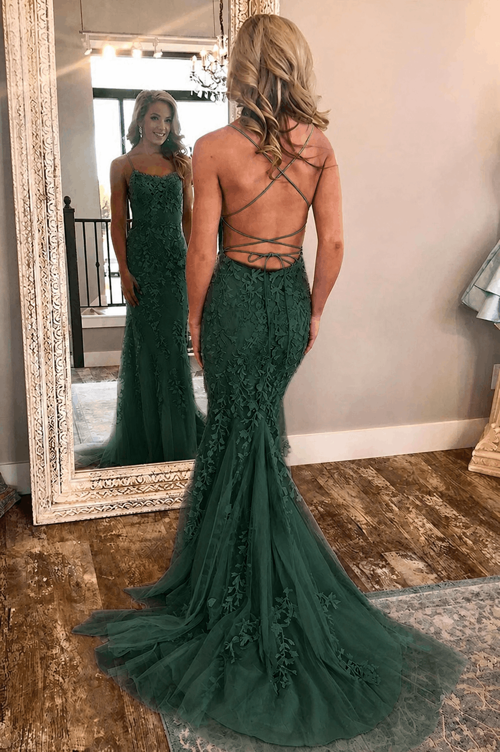 Sheath/Column Tulle Applique Prom Dresses Spaghetti Straps Sleeveless Long Formal Evening Gowns Kaidress