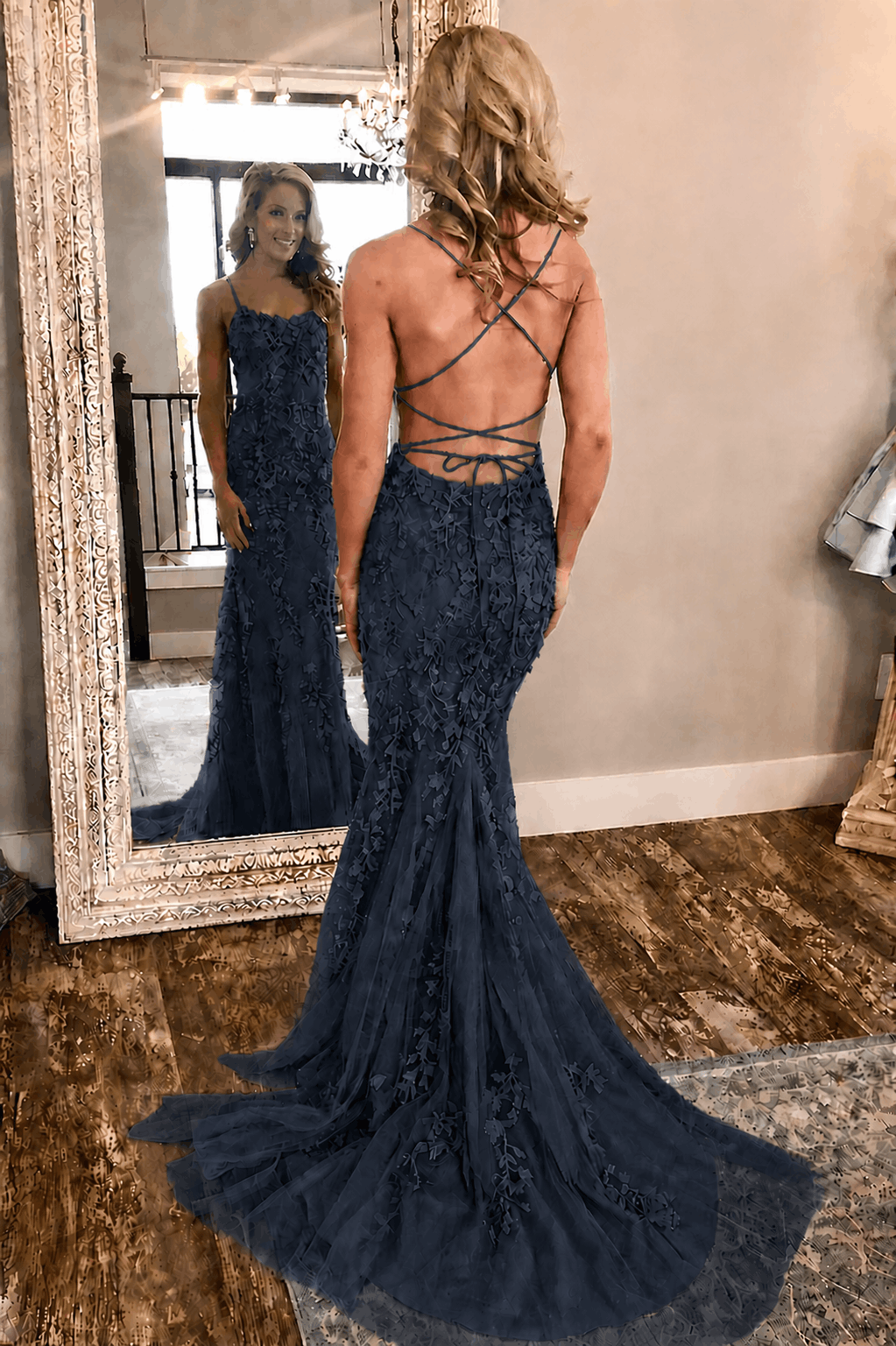 Sheath/Column Tulle Applique Prom Dresses Spaghetti Straps Sleeveless Long Formal Evening Gowns Kaidress