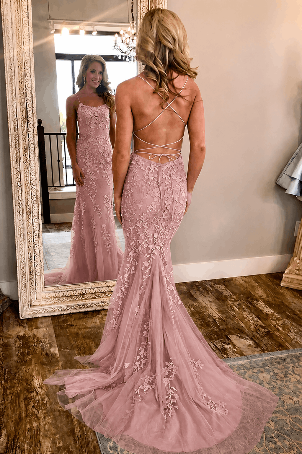 Sheath/Column Tulle Applique Prom Dresses Spaghetti Straps Sleeveless Long Formal Evening Gowns Kaidress